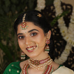 Ruby Emerald Pearl Maang Tikka by Tavya Jewellery - close-up detail