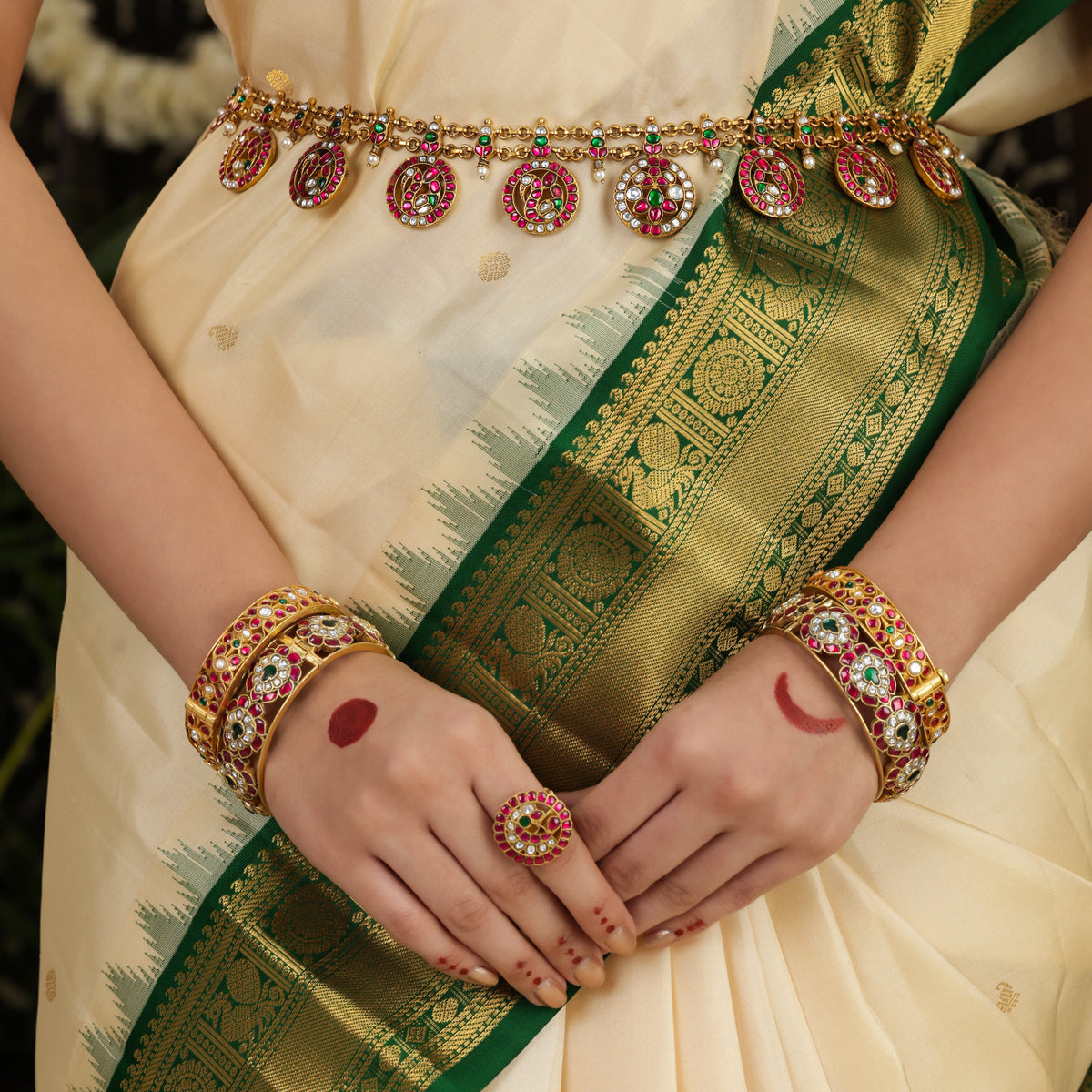 Ruby Emerald Kundan Vaddanam by Tavya Jewellery - close-up detail