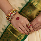 Ruby Emerald Floral Kundan Bangles by Tavya Jewellery - close-up detail