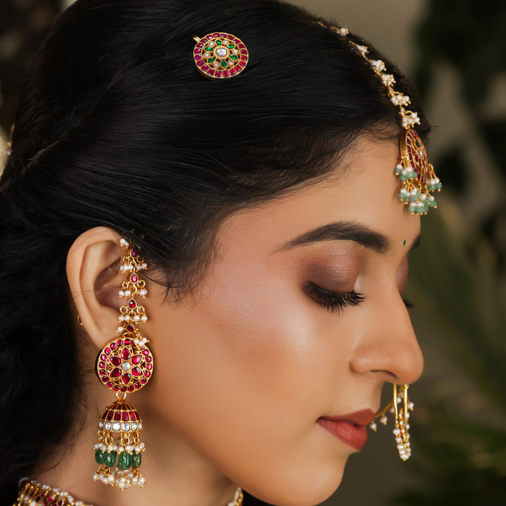 Ruby Kundan Pearl Kaan Chains by Tavya Jewellery - close-up detail