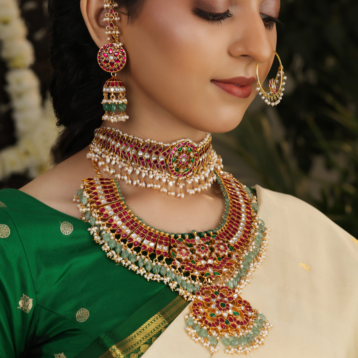 Kundan Pearl Embellished Designer Choker by Tavya Jewellery - close-up detail