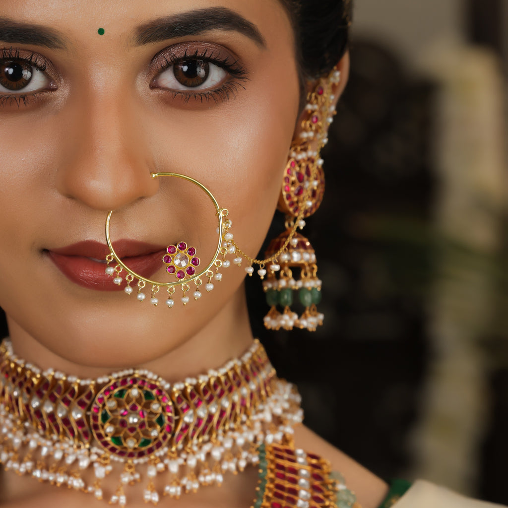 Ruby Kundan Pearl Nath by Tavya Jewellery - close-up detail