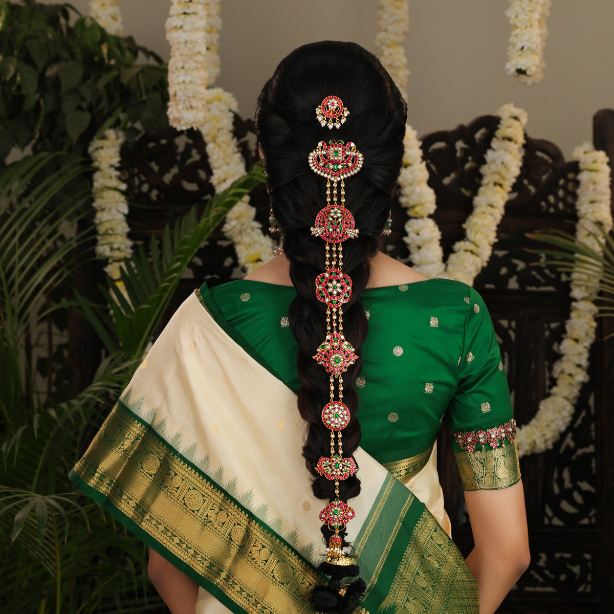 92.5 Silver Royal Kundan Jada Billa by Tavya Jewellery - close-up detail