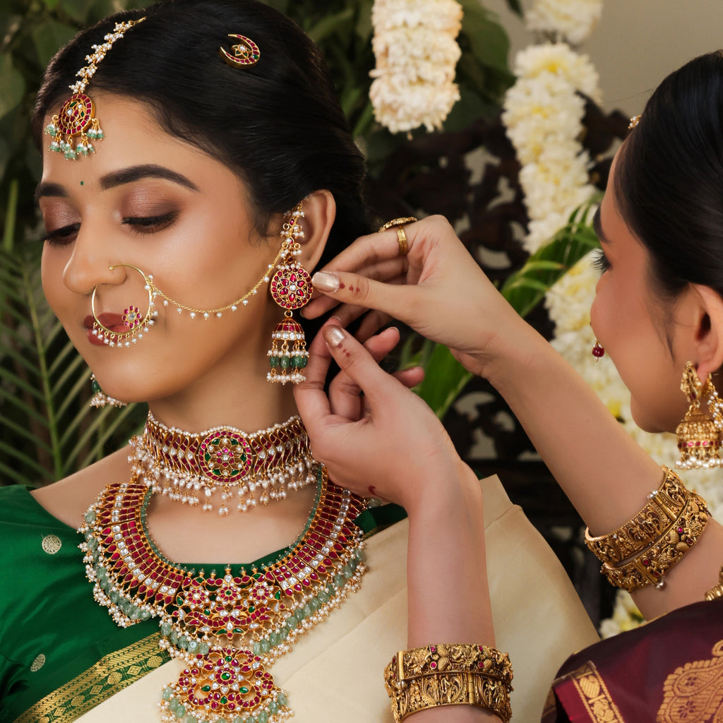 Kundan Ruby Emerald Pearl Jhumka Earrings by Tavya Jewellery - close-up detail