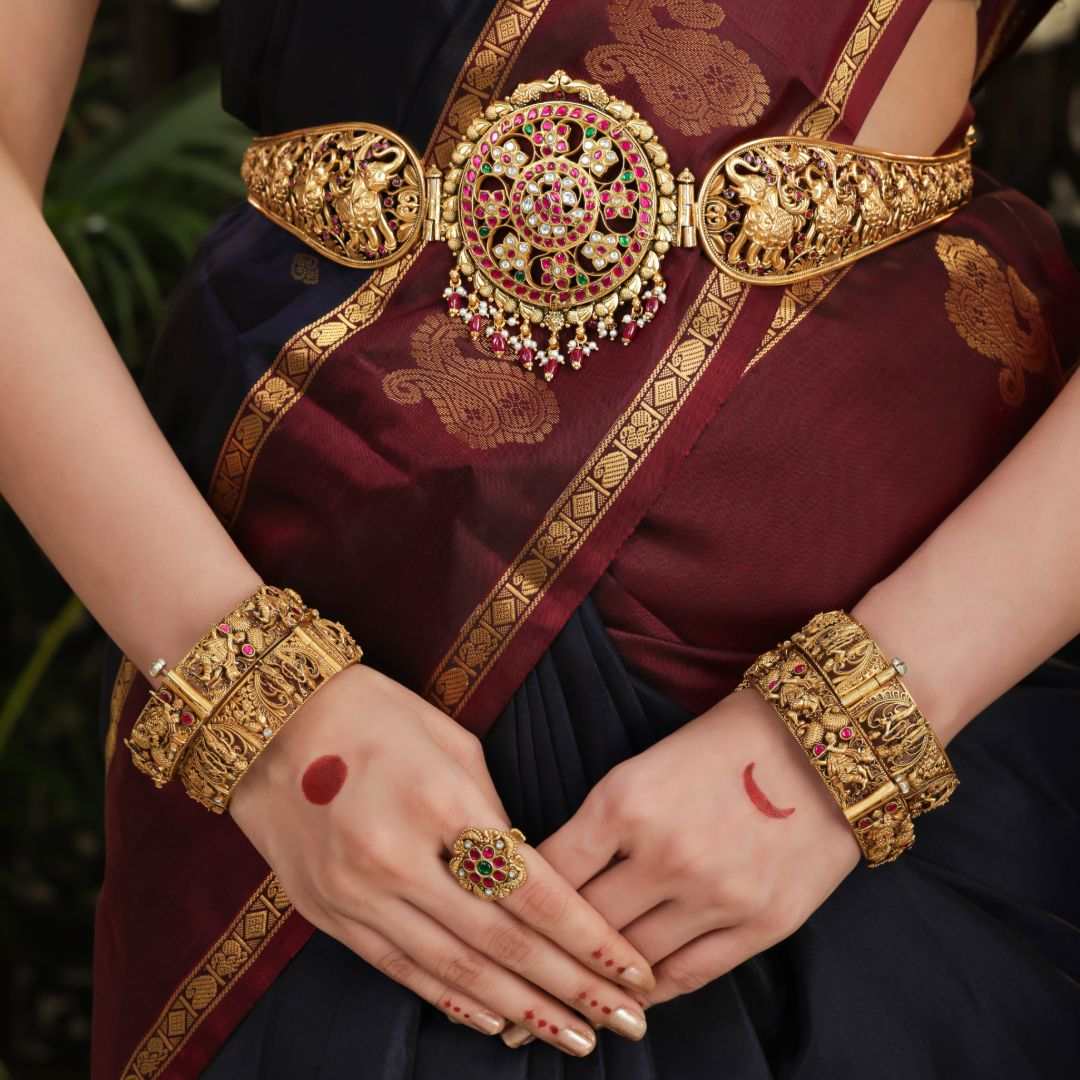 92.5 Silver Temple Vaddanam with Intricate Peacock & Floral Design by Tavya Jewellery - close-up detail