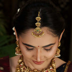 92.5 Silver Temple Maang Tikka with Ruby, Emerald & Pearl Drops by Tavya Jewellery - close-up detail