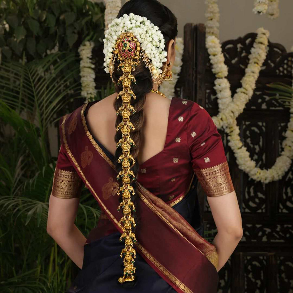 Designer Lakshmi Silver Jada billa for Bridal Hair by Tavya Jewellery - close-up detail