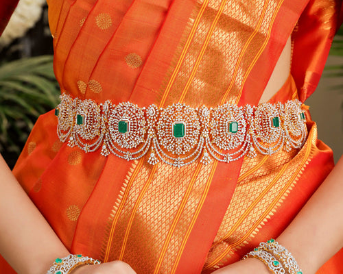 92.5 Silver Emerald American Diamond Vaddanam by Tavya Jewellery - close-up detail