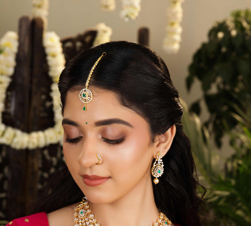 92.5 Silver Emerald CZ Maangtikka by Tavya Jewellery - close-up detail