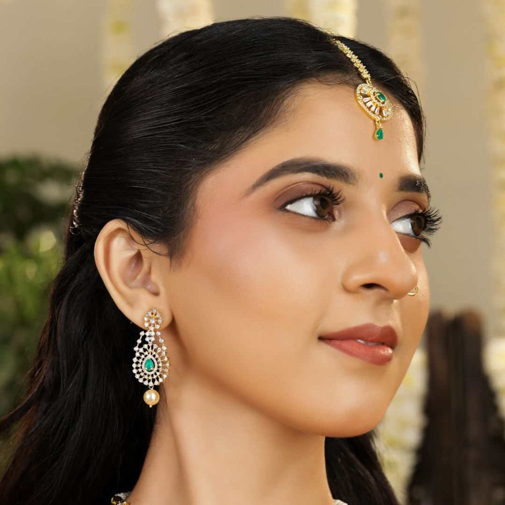 92.5 Silver Emerald Pearl CZ Earrings by Tavya Jewellery - close-up detail