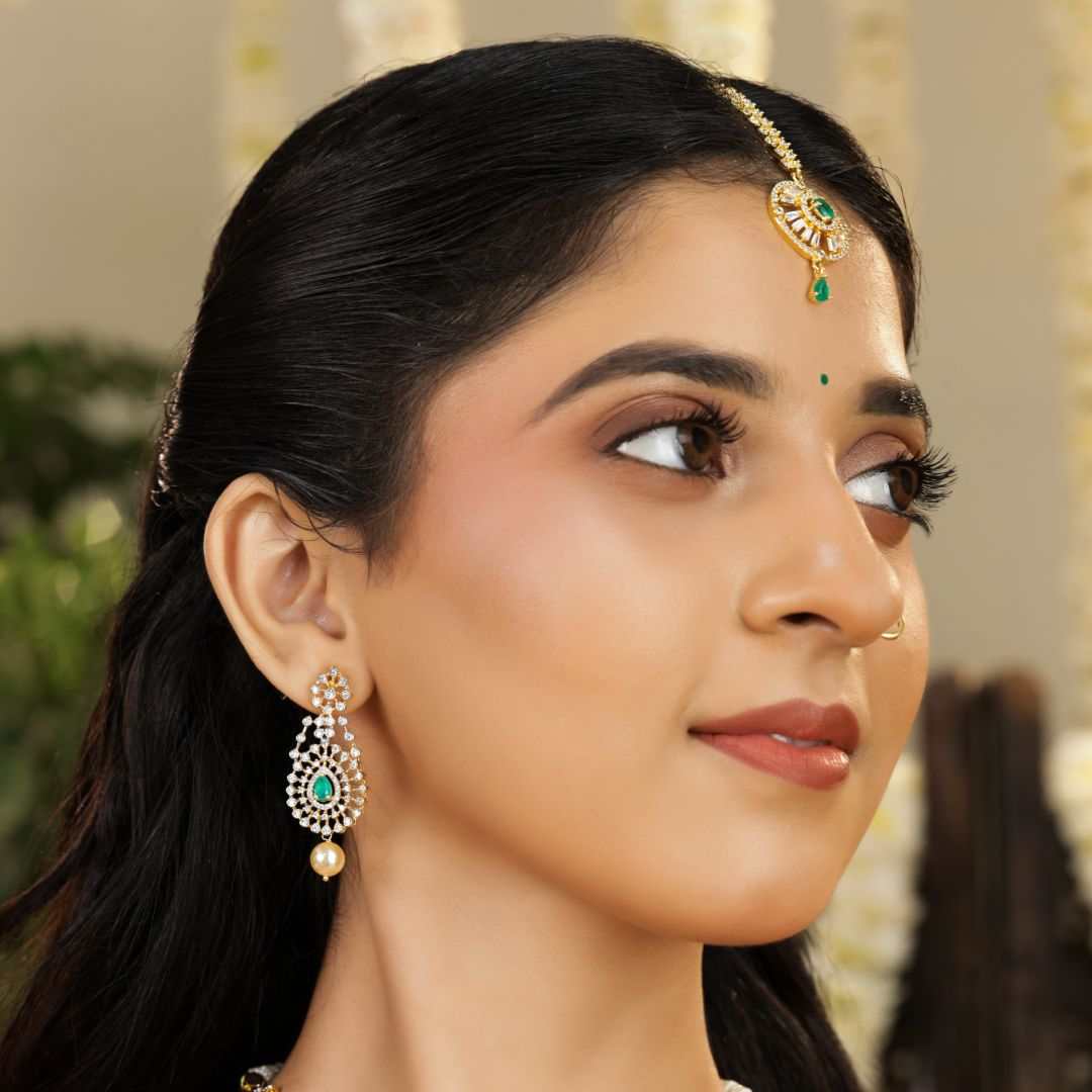 92.5 Silver Emerald Pearl CZ Earrings by Tavya Jewellery - close-up detail