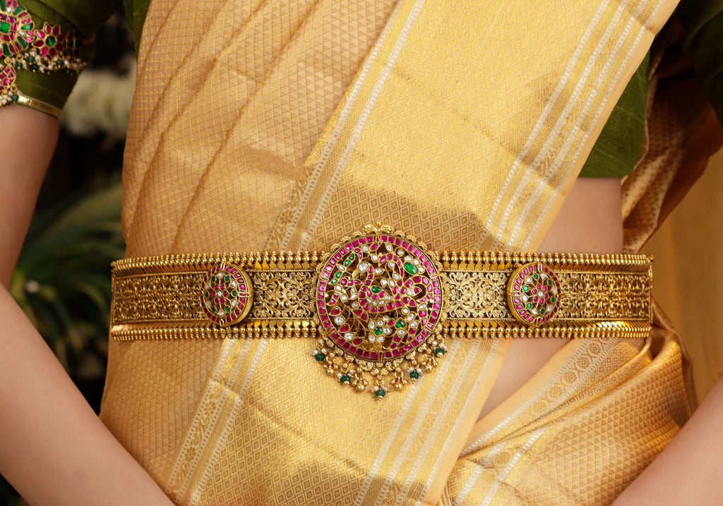 92.5 Silver Kundan Peacock Vaddanam by Tavya Jewellery - close-up detail