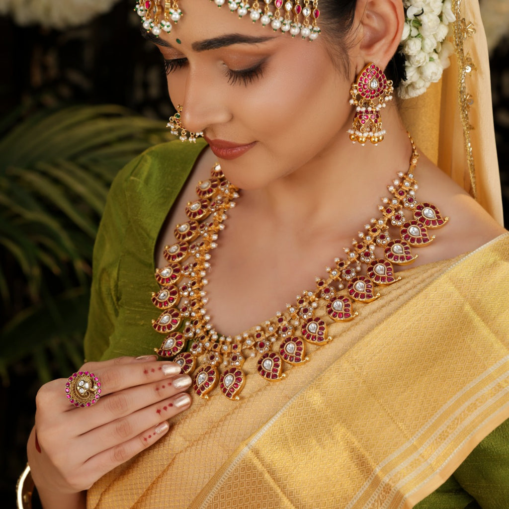 92.5 Silver Royal Kundan Mango Leaf Haram by Tavya Jewellery - close-up detail