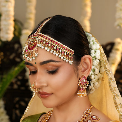 92.5 Silver Kundan Ruby Jhumka Earrings by Tavya Jewellery - close-up detail