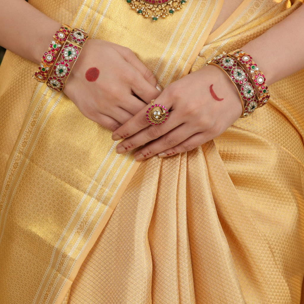 92.5 Silver Kundan Peacock Ring by Tavya Jewellery - close-up detail