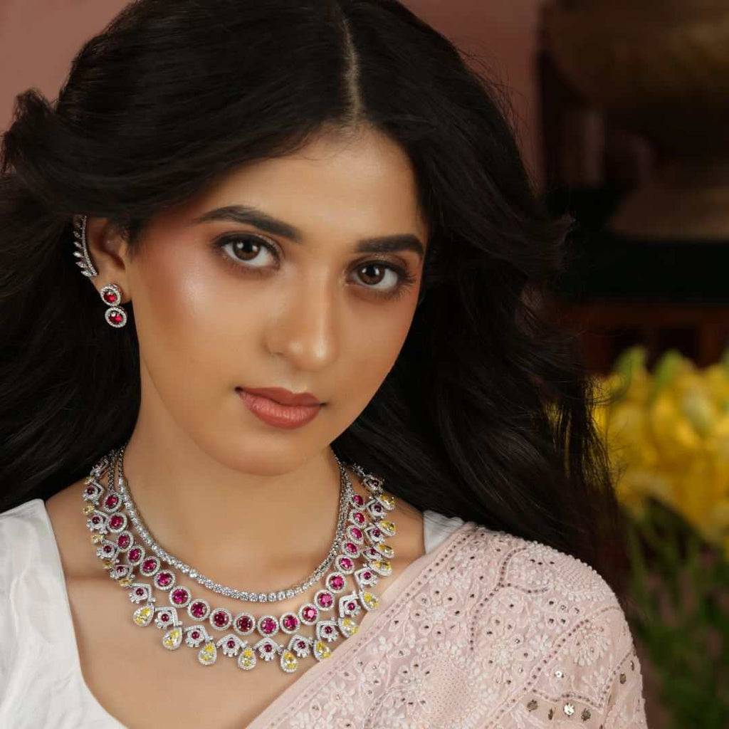 Pear Cut Yellow Pink CZ Statement Necklace by Tavya Jewellery - close-up detail