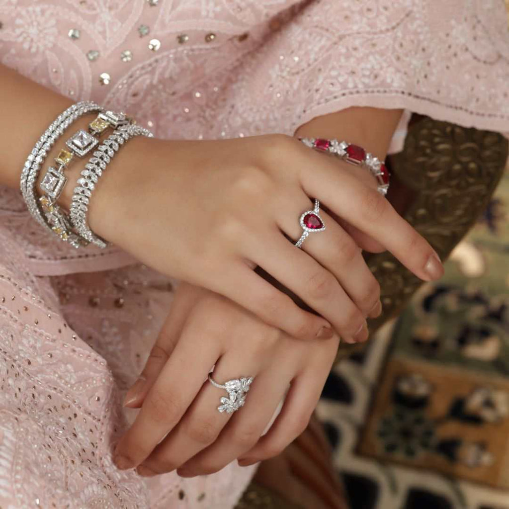 White Sparkling Silver CZ Broad Bracelet by Tavya Jewellery - close-up detail