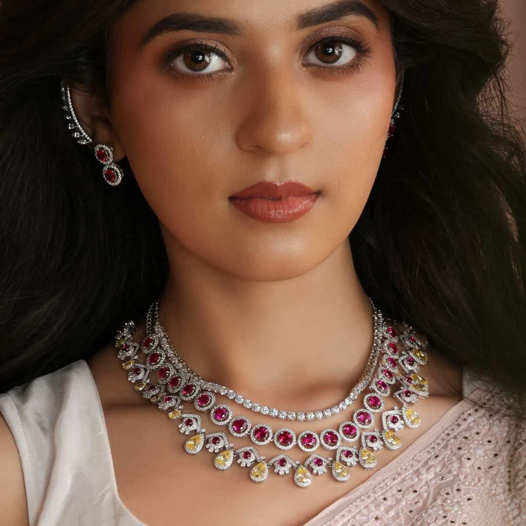 Pink Ruby White Silver CZ Halo Necklace Set by Tavya Jewellery - close-up detail
