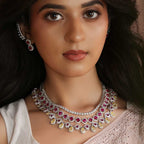 Pink Ruby White Silver CZ Halo Necklace Set by Tavya Jewellery - close-up detail