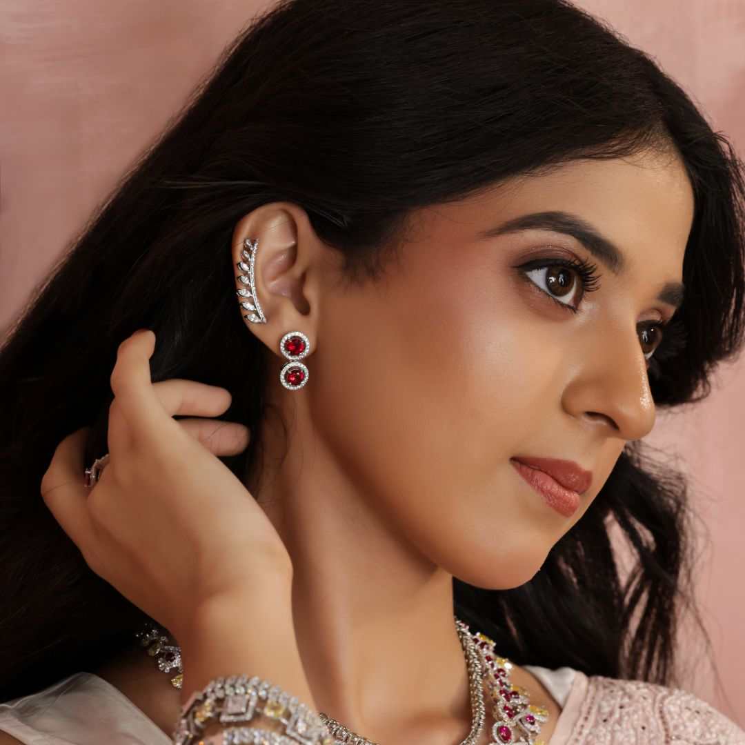 Pink Ruby White Silver CZ Halo Necklace Set by Tavya Jewellery - styled close-up