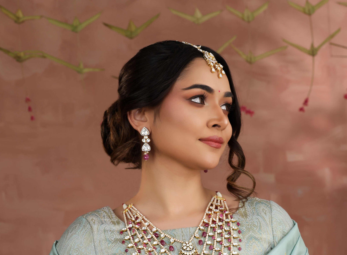 92.5 Silver Polki Drop Earrings with Pink Beads by Tavya Jewellery - close-up detail