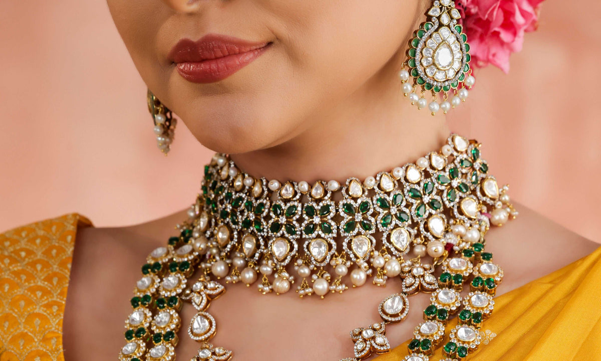 92.5 Sterling Silver Kundan Choker with Pearl Drops by Tavya Jewellery - close-up detail