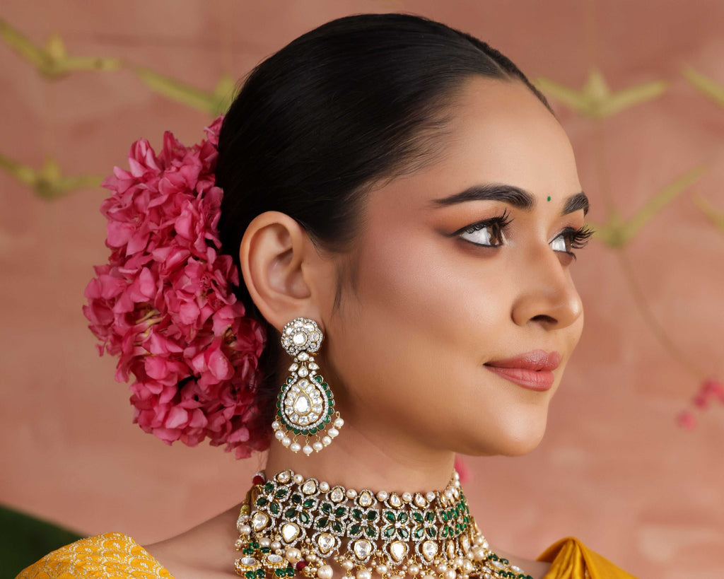 92.5 Silver Emerald Kundan Pearl Drop Earrings by Tavya Jewellery - close-up detail