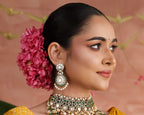 92.5 Silver Emerald Kundan Pearl Drop Earrings by Tavya Jewellery - close-up detail