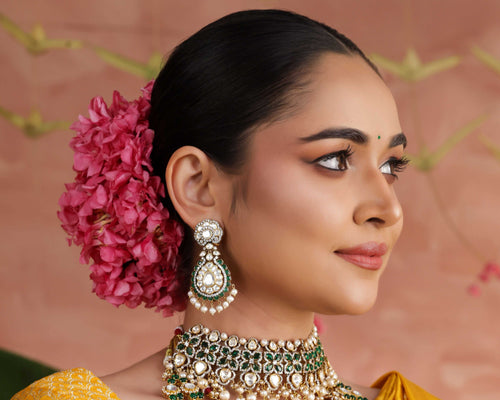 92.5 Silver Emerald Kundan Pearl Drop Earrings by Tavya Jewellery - close-up detail
