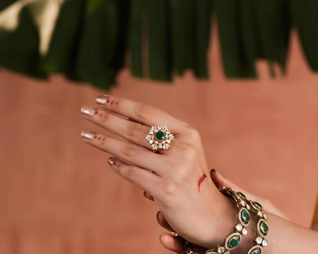 92.5 Silver Emerald Halo Ring by Tavya Jewellery - close-up detail