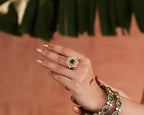92.5 Silver Emerald Halo Ring by Tavya Jewellery - close-up detail