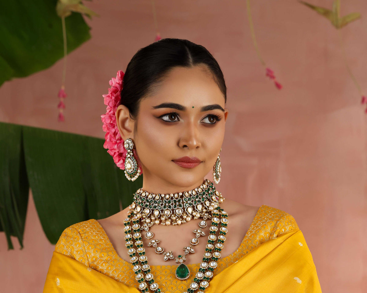 92.5 Silver Royal Emerald Drop Necklace by Tavya Jewellery - close-up detail
