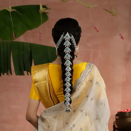 92.5 CZ Silver Emerald Drop Hair Chain by Tavya Jewellery - close-up detail