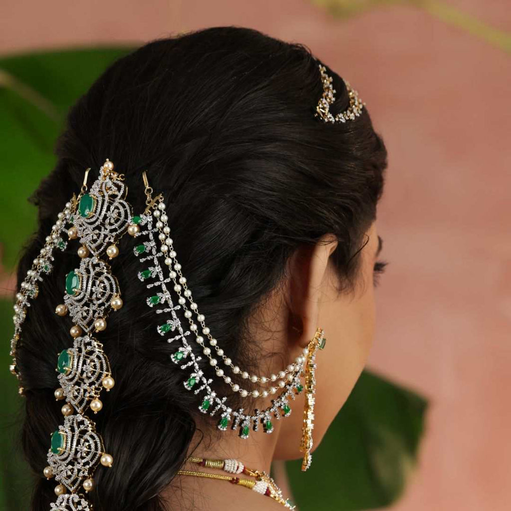 92.5 Silver CZ Emerald Champa Swaralu by Tavya Jewellery - close-up detail