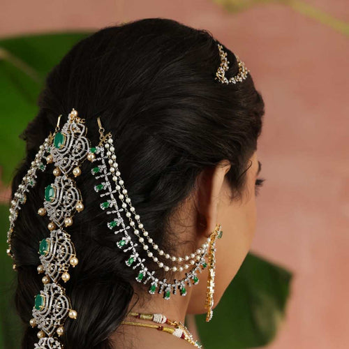 92.5 Silver CZ Emerald Champa Swaralu by Tavya Jewellery - close-up detail
