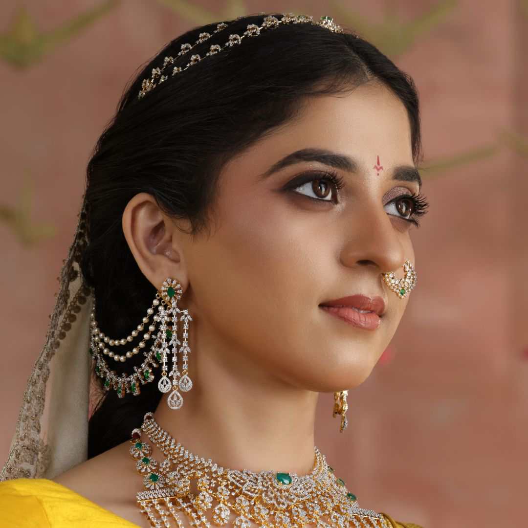 92.5 Silver CZ Emerald Drop Earrings by Tavya Jewellery - close-up detail