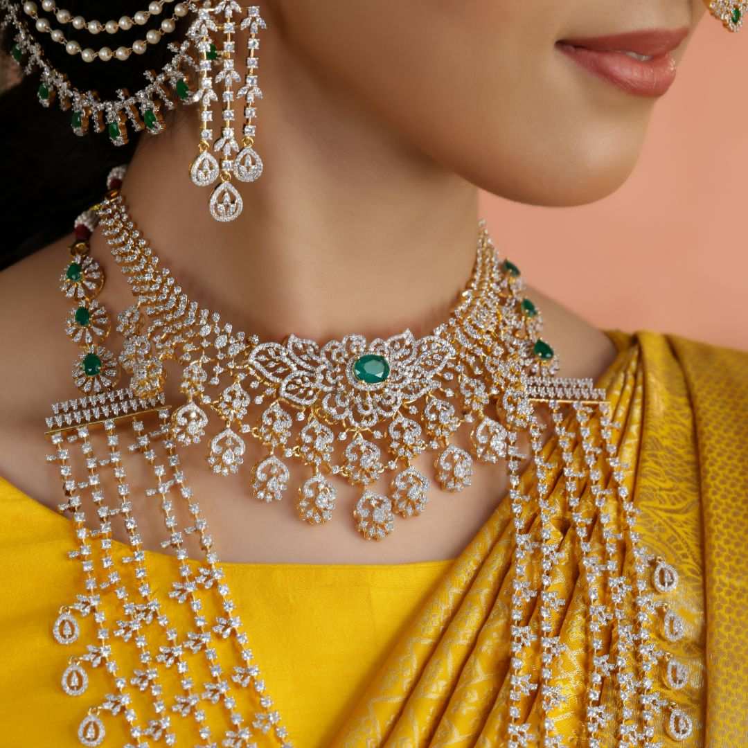 92.5 Silver CZ Designer Emerald Statement Necklace by Tavya Jewellery - close-up detail