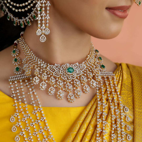 92.5 Silver CZ Designer Emerald Statement Necklace by Tavya Jewellery - close-up detail