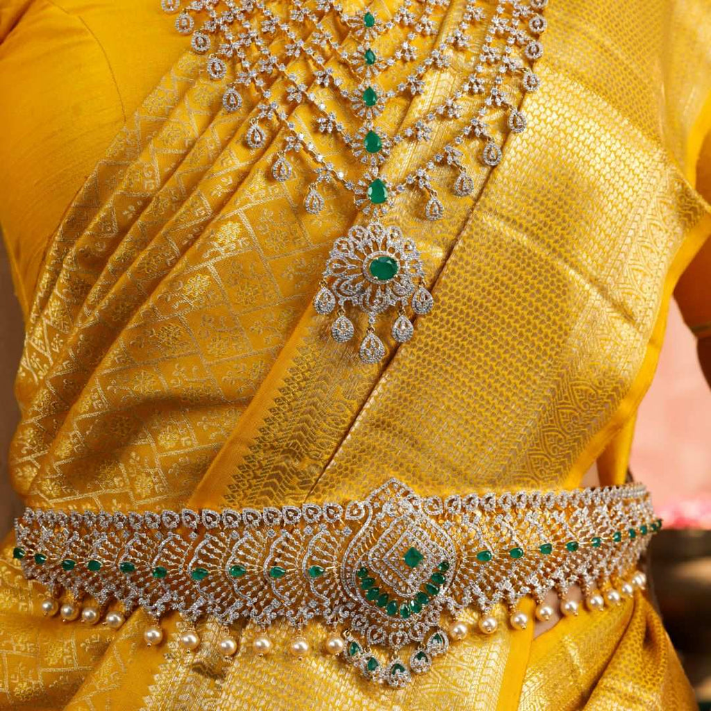Designer Emerald Silver CZ Vaddanam by Tavya Jewellery - close-up detail