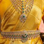 Designer Emerald Silver CZ Vaddanam by Tavya Jewellery - close-up detail