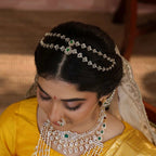 CZ Silver Chadha Haram with Emerald Stones by Tavya Jewellery - close-up detail