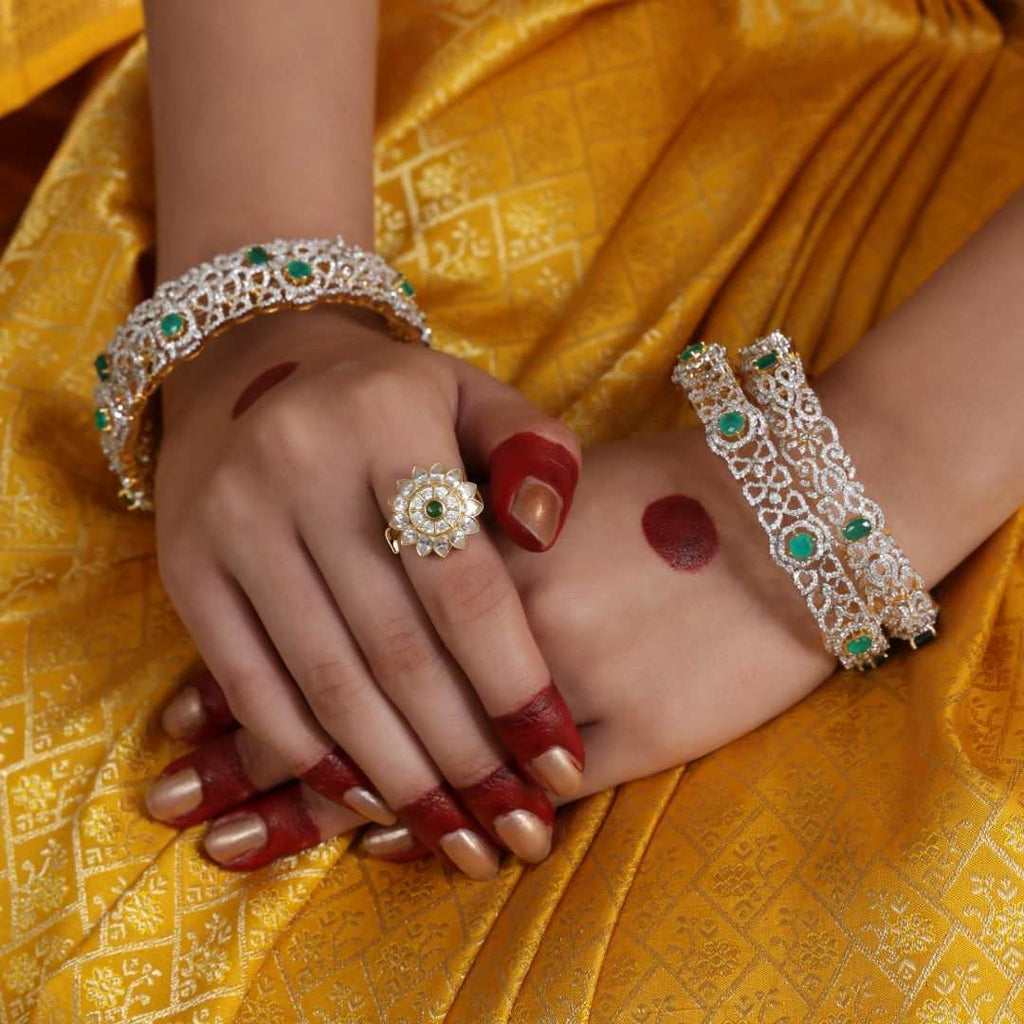92.5 Silver CZ Floral Finger Ring with Green Stone by Tavya Jewellery - close-up detail
