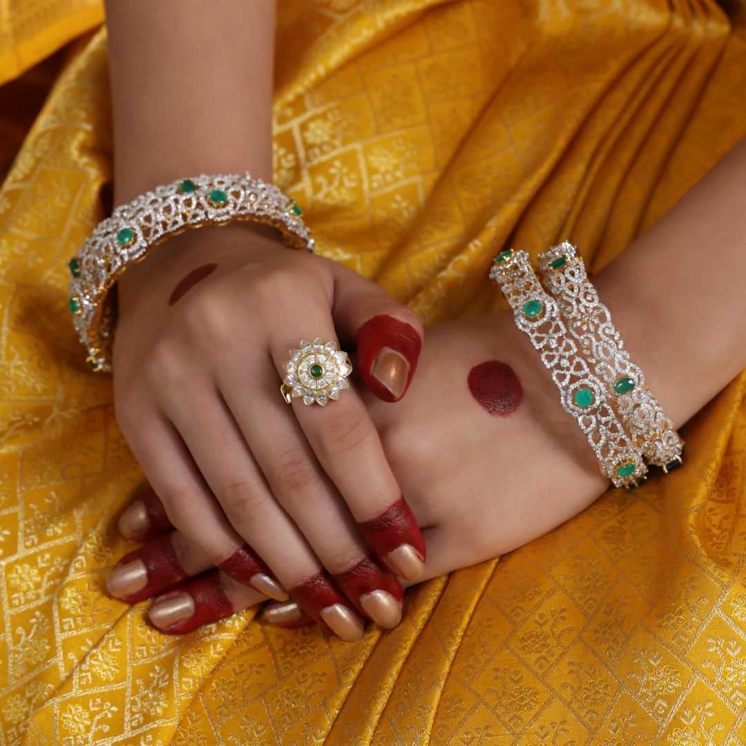 92.5 Silver CZ Floral Finger Ring with Green Stone by Tavya Jewellery - close-up detail