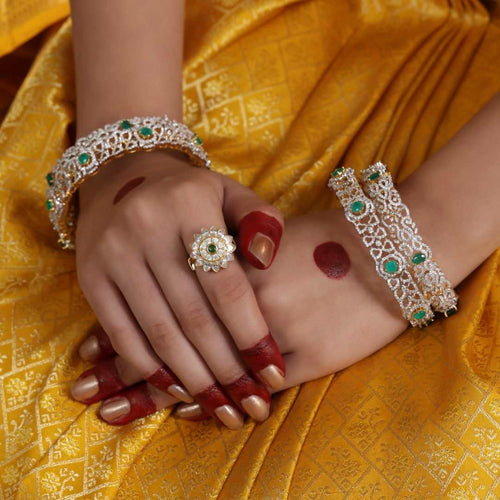 92.5 Silver CZ Floral Finger Ring with Green Stone by Tavya Jewellery - close-up detail