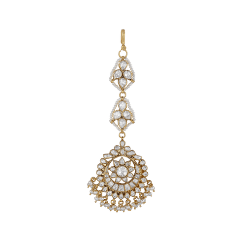 Maang Tikka featuring 92.5 Silver Polki Pattern with circular floral pendant, teardrop stones, and pearl fringe detailing