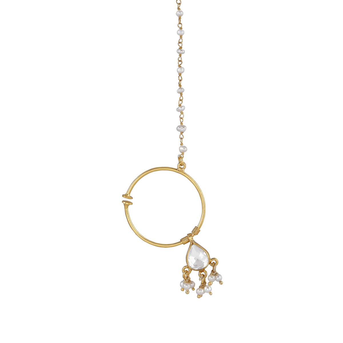92.5 Silver Gold-Plated Nath featuring a minimalist gold hoop with Kundan-style centerpiece and seed pearl drop accents on a pearl chain.