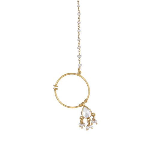 92.5 Silver Gold-Plated Nath featuring a minimalist gold hoop with Kundan-style centerpiece and seed pearl drop accents on a pearl chain.
