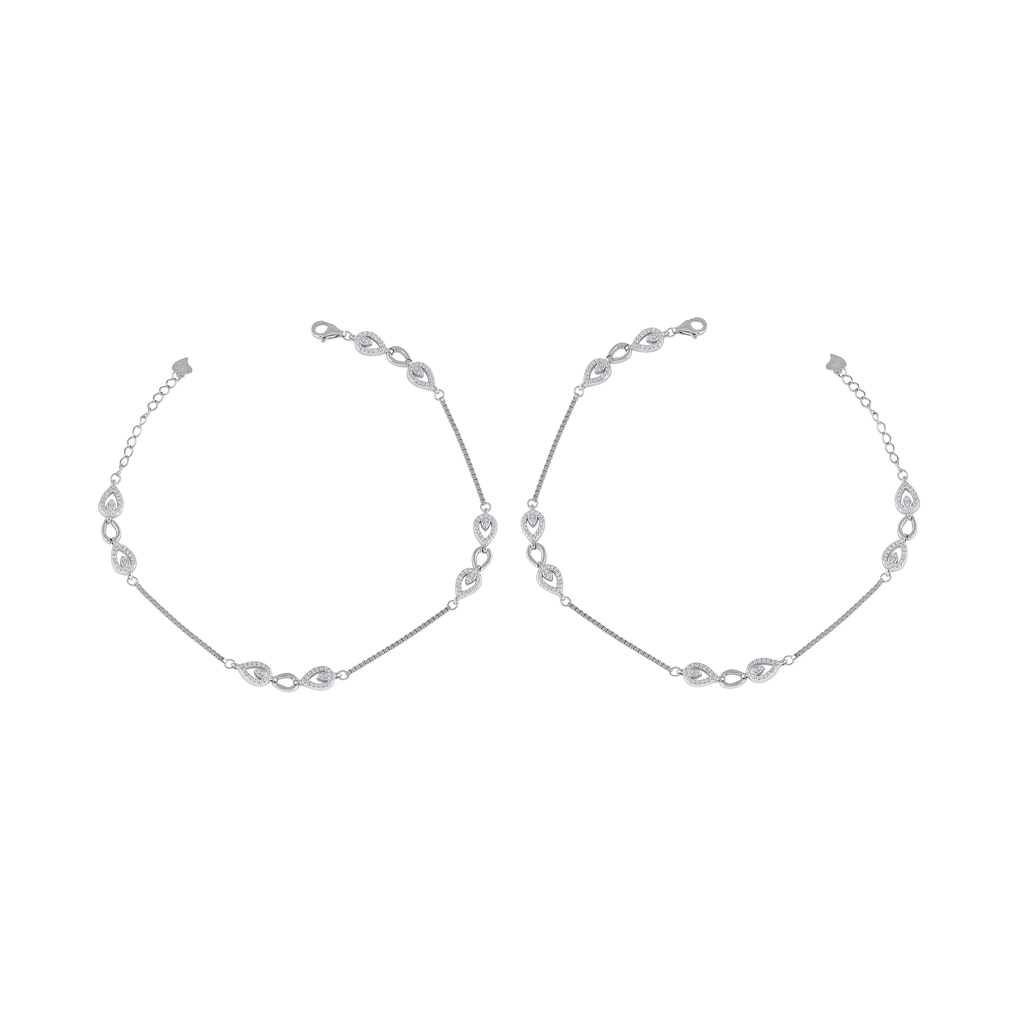 Silver anklets with open leaf interlocking design featuring hollow-cut centers and a detailed Silver Leaf Pattern.