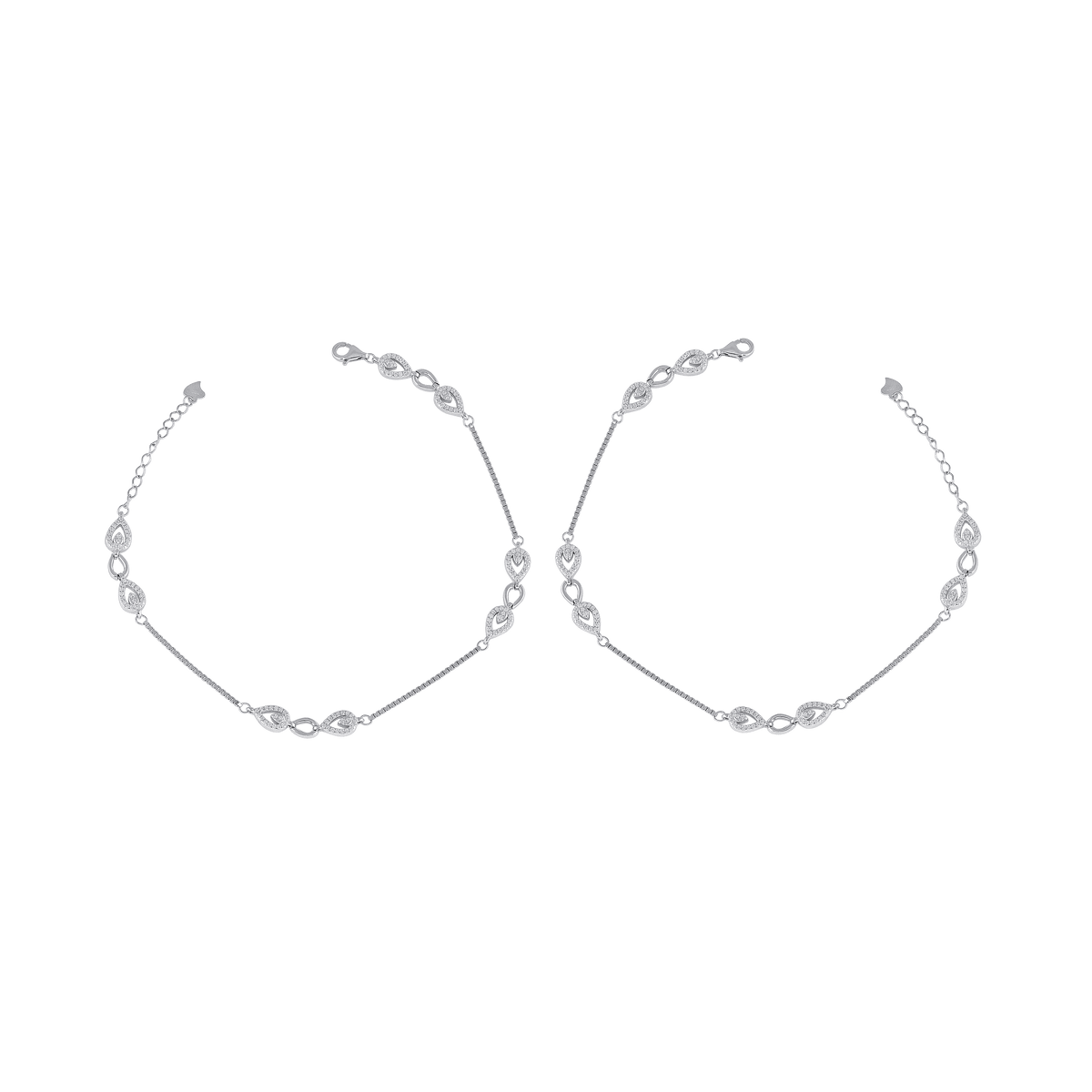 Silver anklets with open leaf interlocking design featuring hollow-cut centers and a detailed Silver Leaf Pattern.