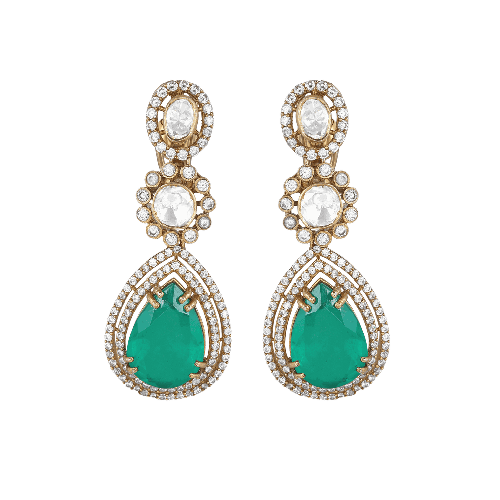 Polki Pattern Silver Earrings featuring gold-plated settings with clear Polki stones and vibrant green teardrop-shaped gemstones in a floral design.